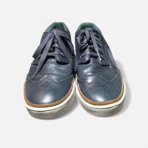 Ted Baker Navy Brogue-Detail Leather Derbys with Tan Trim